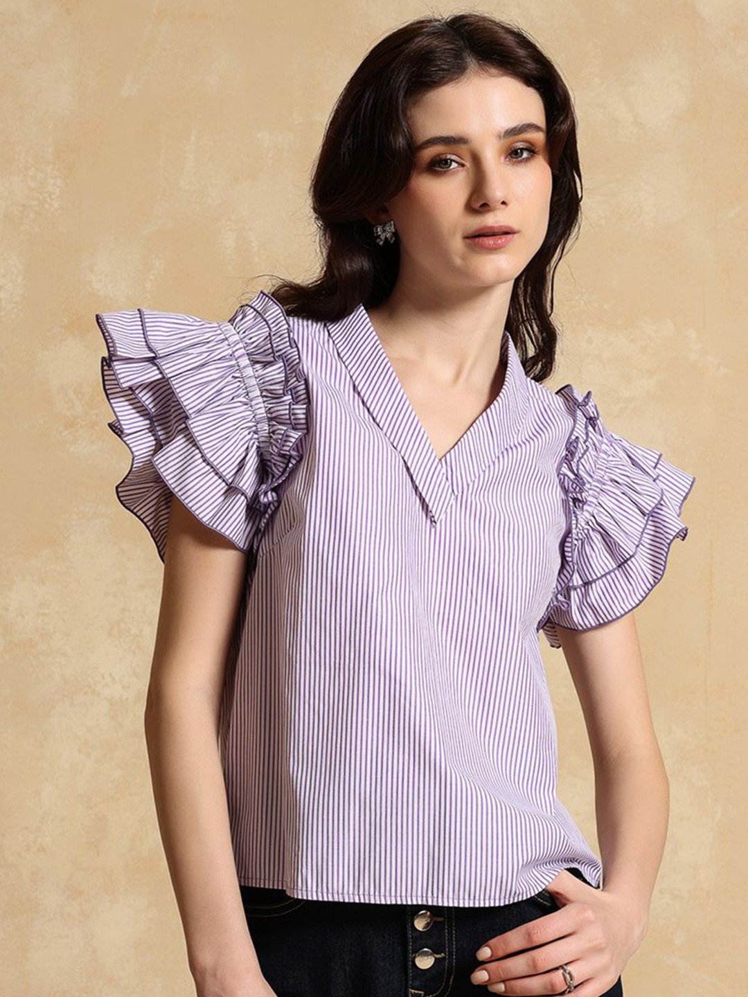 Kazo Striped Izzabel Blouse Flutter Sleeve Wrap Top