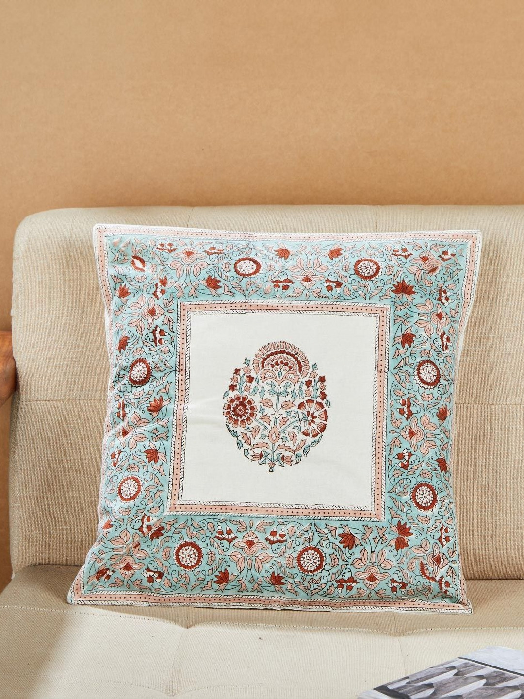 Fabindia Amer Aqua-Coral Blue And White Ethnic Motifs Square Cotton Cushion Covers