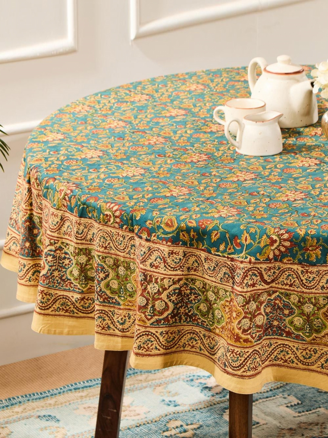 Fabindia Teal Blue & Orange Floral Printed Cotton 4 Seater Round Table Cover