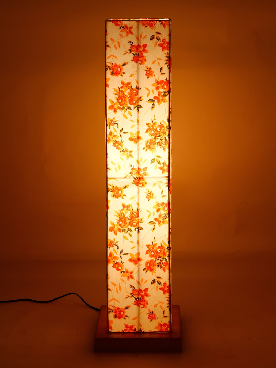 Devansh Orange Colored & White Cotton Wooden Floral Printed Rectangle Shaped Floor Lamp