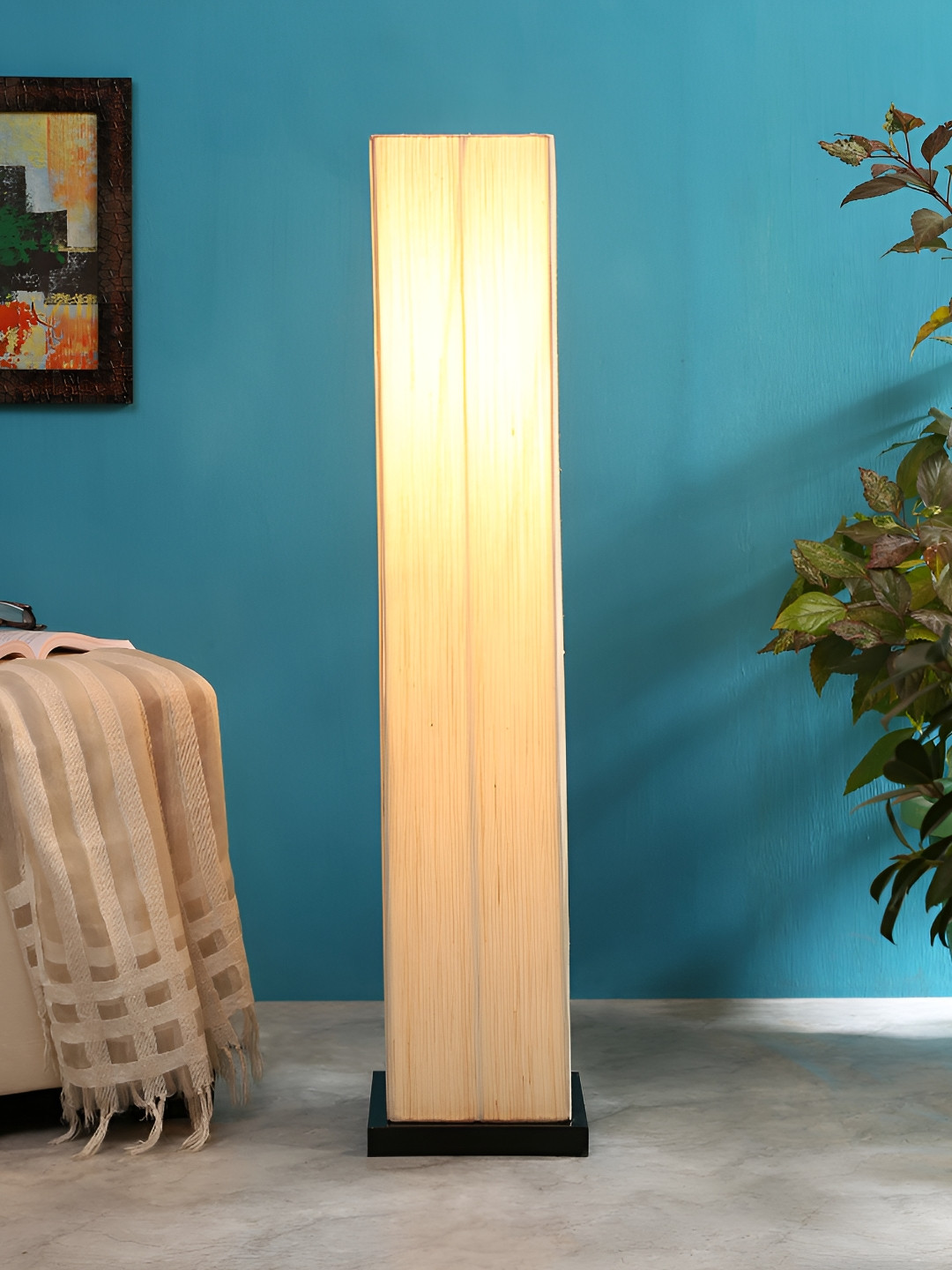 Devansh Off White & Black Cotton Wooden Rectangle Shaped Floor Lamp