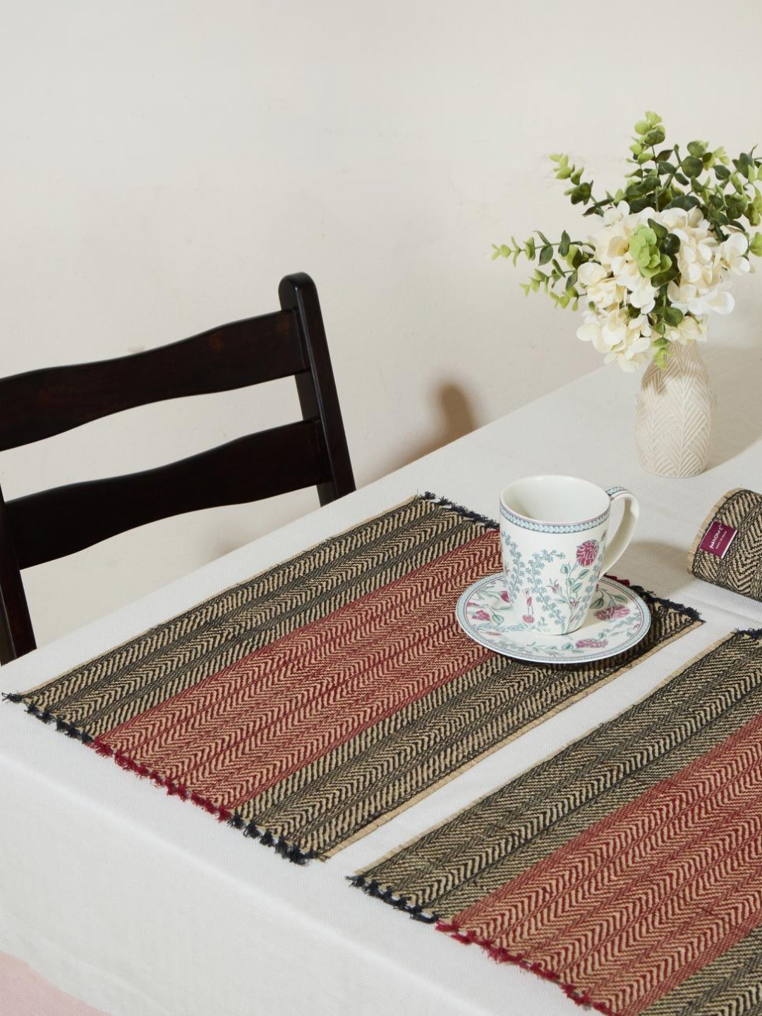 Fabindia Standalone Red & Beige 6 Pieces Geometric Textured Rectangle Table Placemats