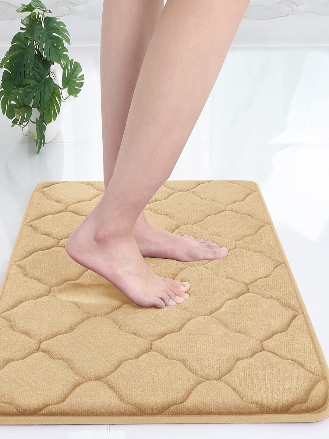 FAVRIA Beige Cushioned Velvet 1000 GSM Anti Slip Water Absorbent Bath Rug