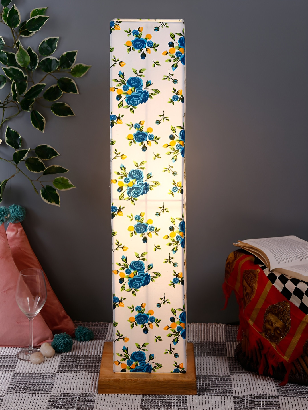 Devansh Blue & Green Rectangle Shaped Floral Printed Wooden Floor Lamp