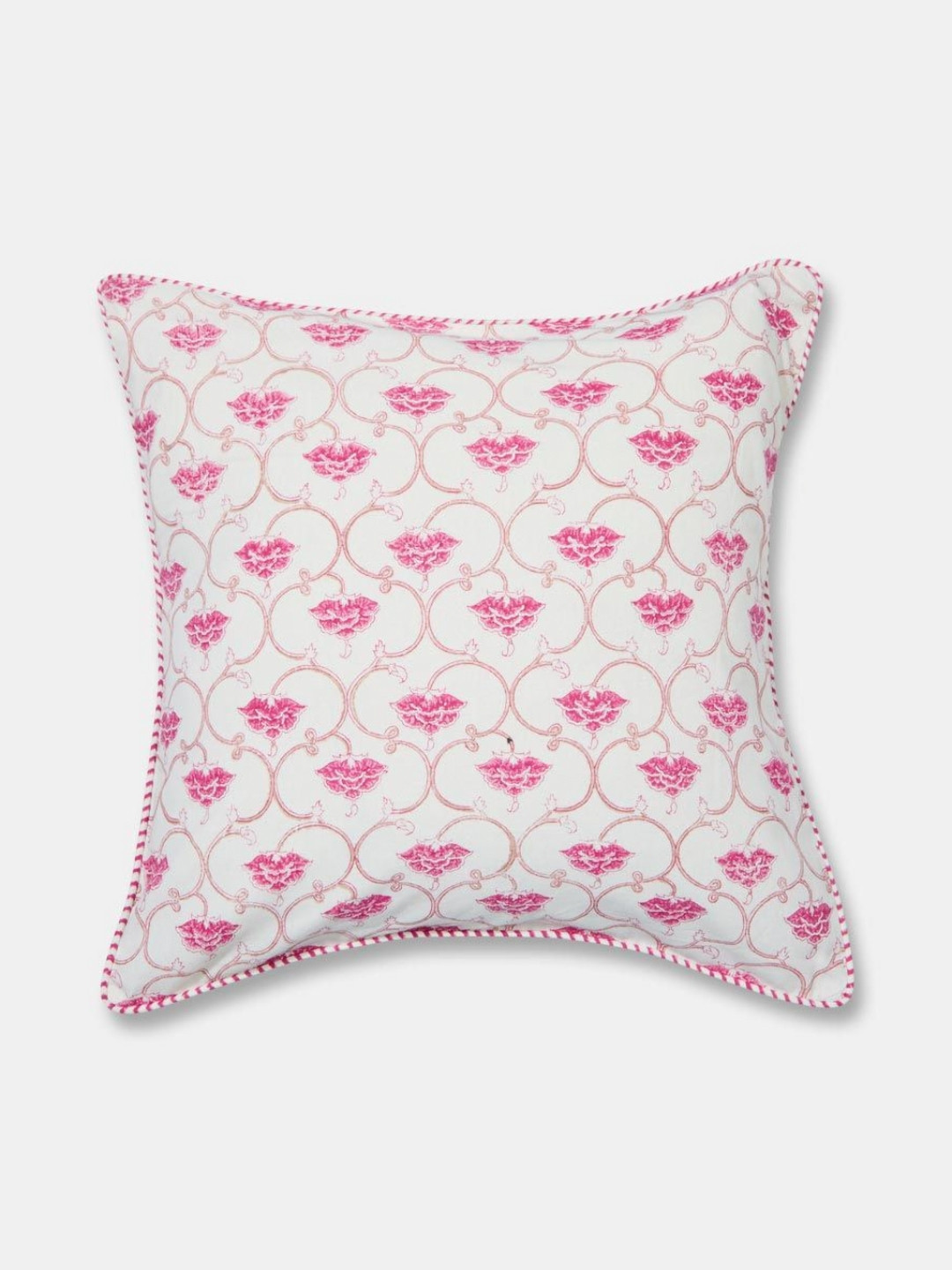 Fabindia Nirav Jaal Pink Floral Cotton Breathable Cushion Cover - 15.7 x 15.7 Inches