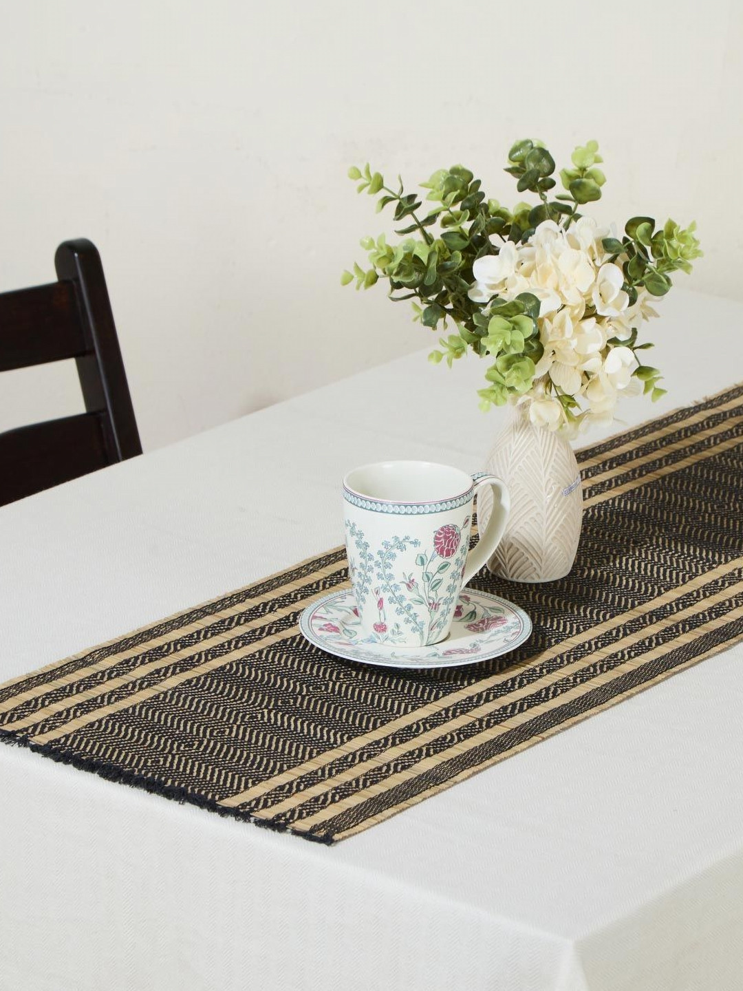 Fabindia Black & Beige Geometric Patterned Natural Fibre Table Runner