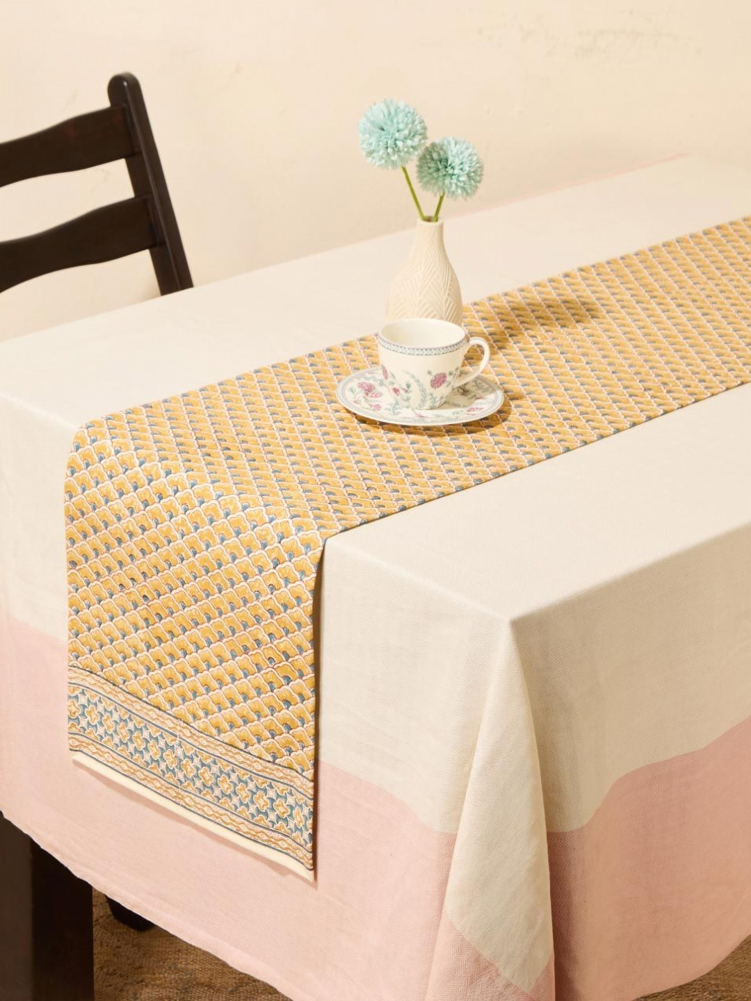 Fabindia Yellow & Blue Floral Printed Cotton Large Runner