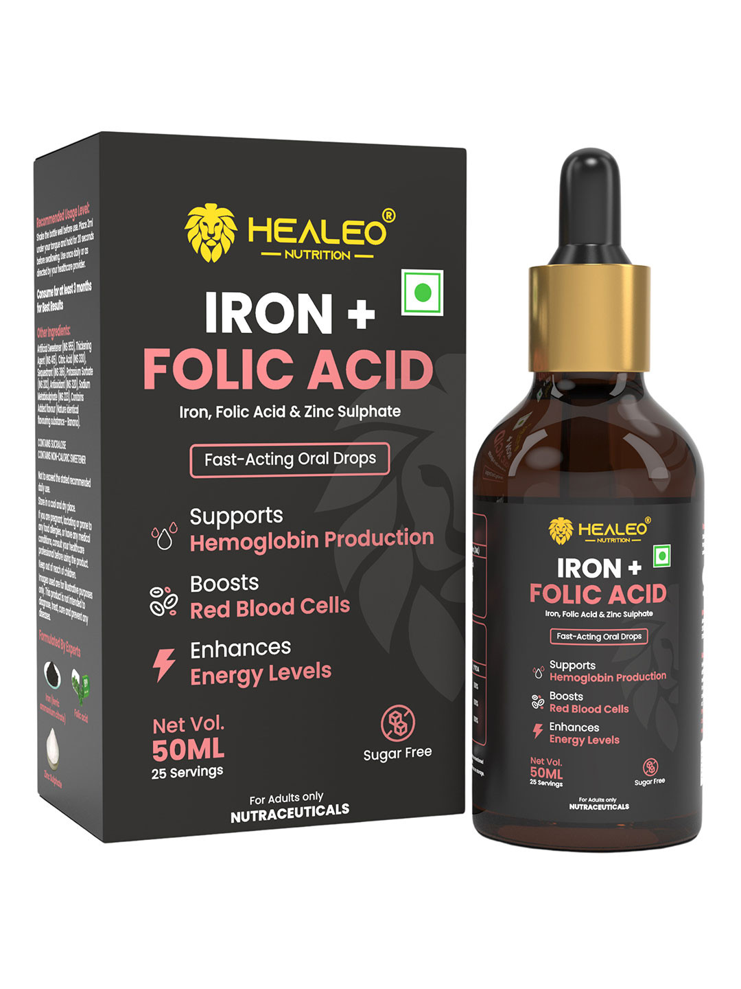 Healeo Nutrition Iron + Folic Acid Liquid Iron With Zinc For Low Hemoglobin- 50 ml