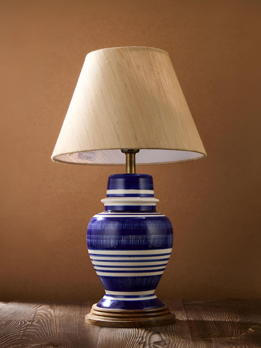 Fabindia Blue & White Ceramic Industrial Frustum Shaped Table Lamp With Bulb