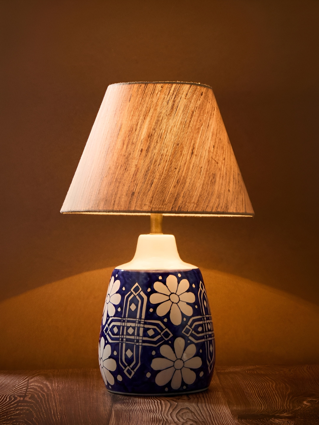 Fabindia Blue & Brown Printed Ceramic Contemporary Frusturical Shaped Table Lamp With Bulb