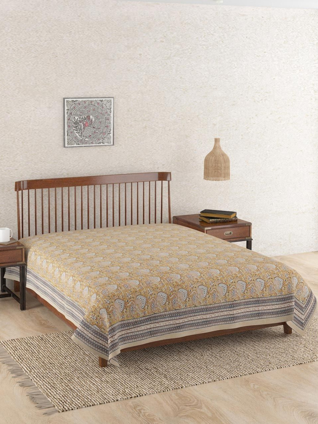 Fabindia Yellow & White Floral Printed Cotton Single Bed Cover