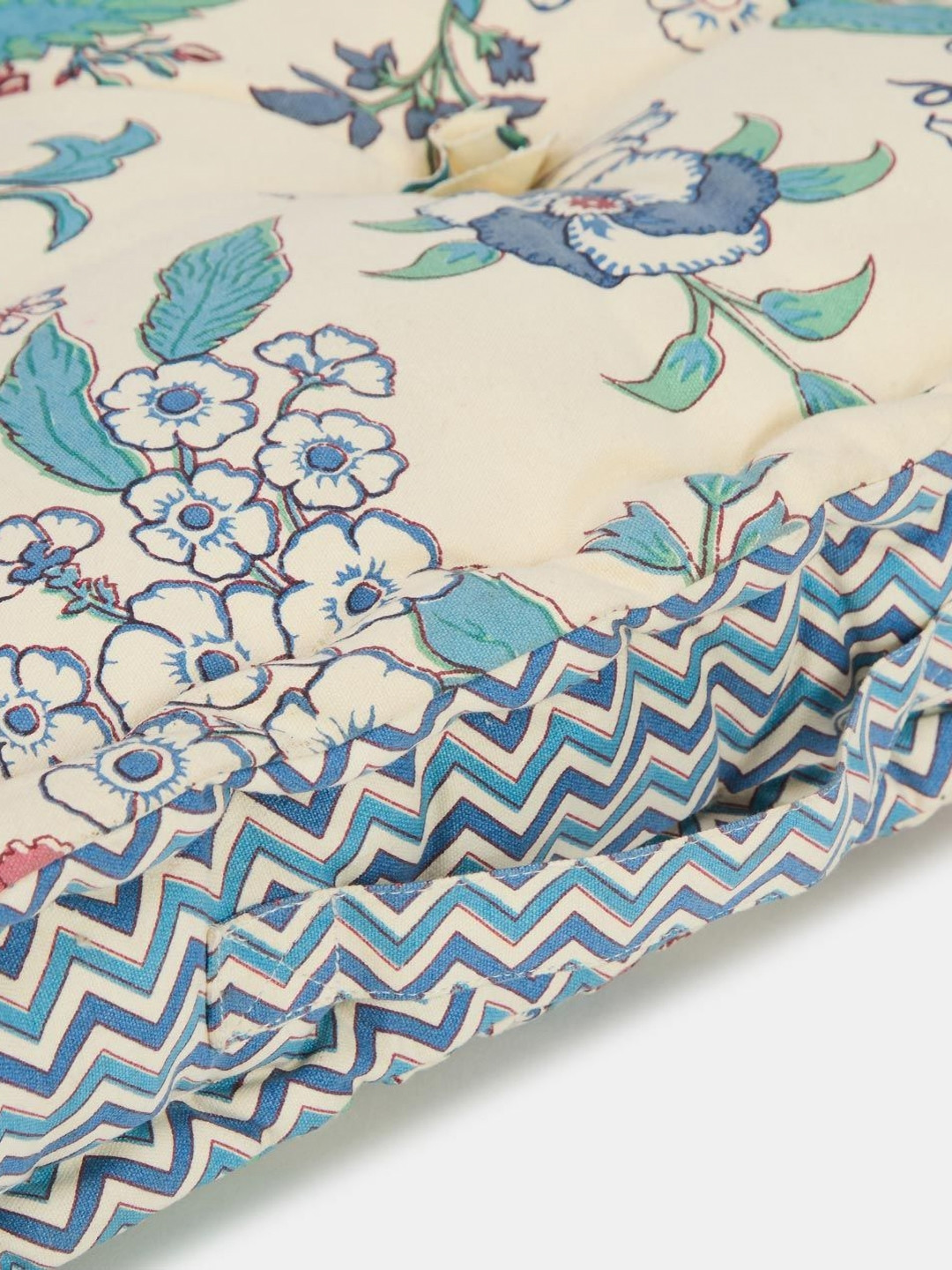 Fabindia Wabisabi Green & Blue Floral Printed Cotton Square Pre-Filled Cushion