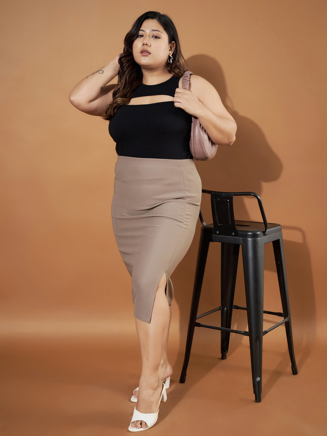 Purple Feather Ribbed Side Slit Pencil Midi Skirt