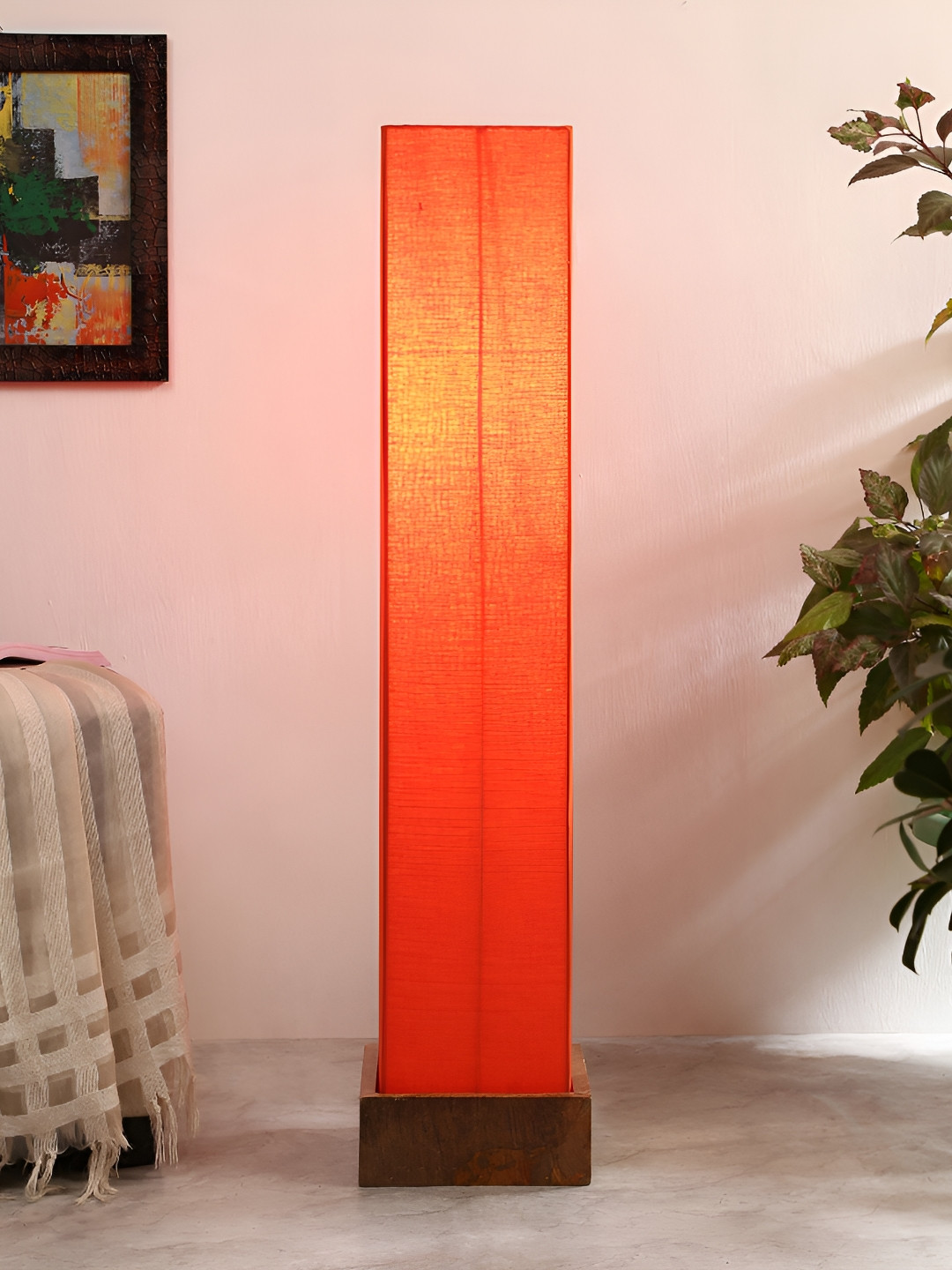 Devansh Orange Colored & Brown Cotton Wooden Rectangle Shaped Floor Lamp