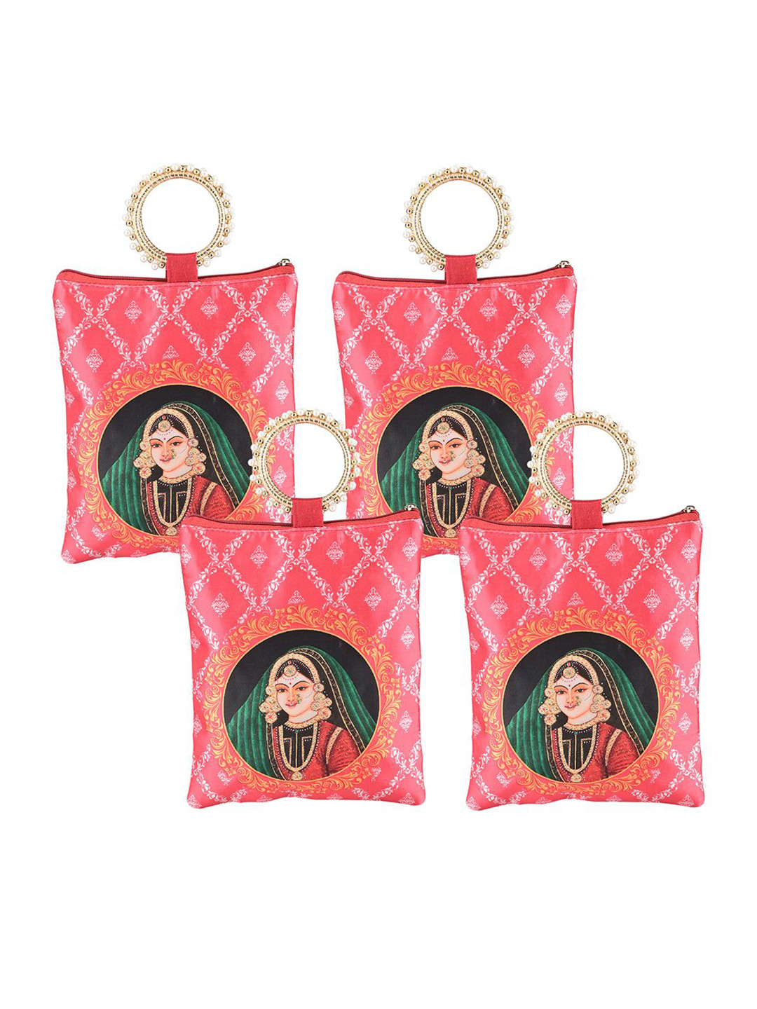 Kuber Industries 4 Pcs Silk Small Hand Bag for Women Printed Shopper Tote Bag With Quilted