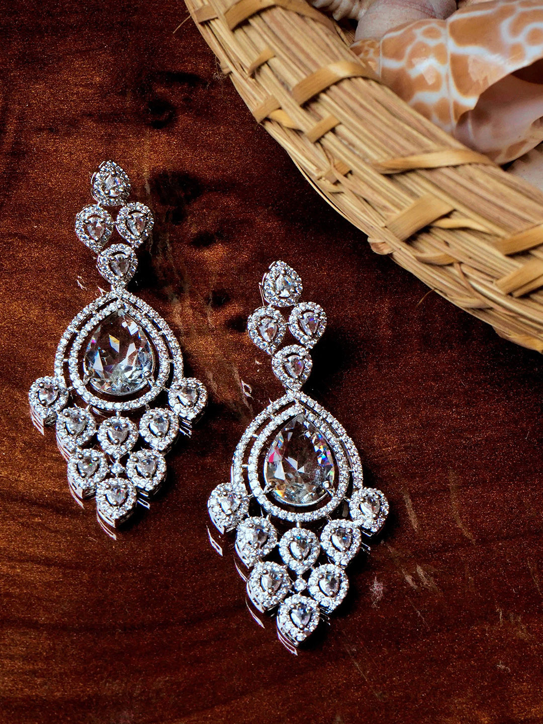 Gemron Jewel Rhodium-Plated American Diamond Stone Studdded Teardrop Shaped Drop Earrings