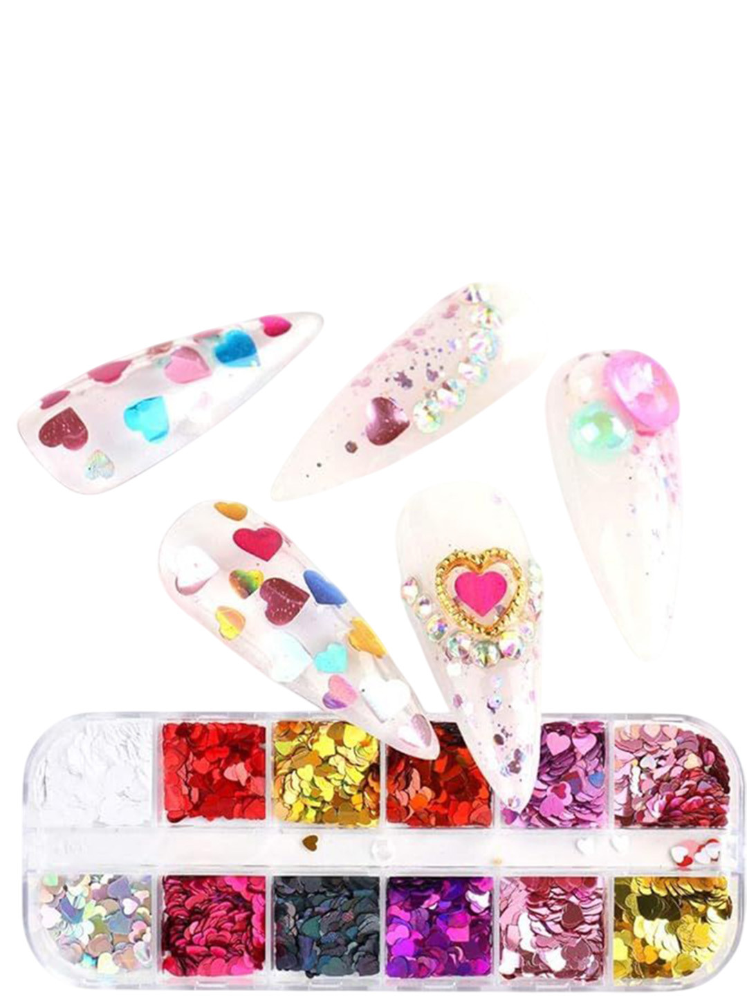 The Pink Truck Set Of 12 Grid Heart Glitter & Sequin Nail Art