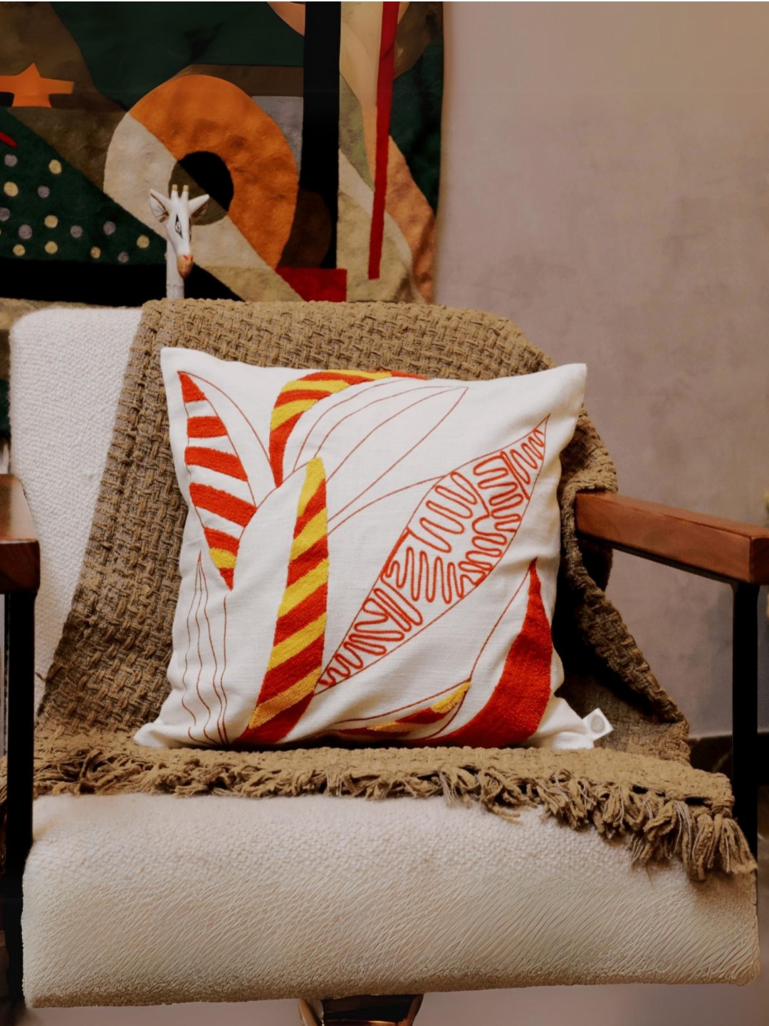 LUSHLYF Tropical Leaf Embroidered Cotton Washable Cushion Cover - 18 x 18 Inches