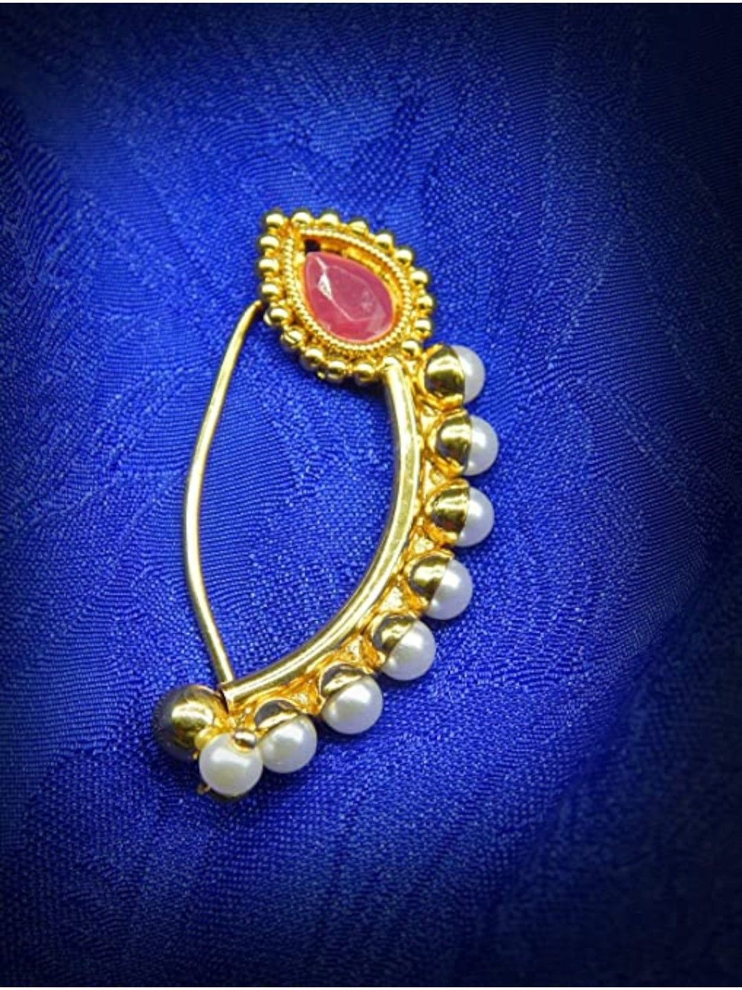 Anouk Gold-Plated Artificial Stone Studded & Pearls Studs Maharashtrian Banu Nath Nosepin