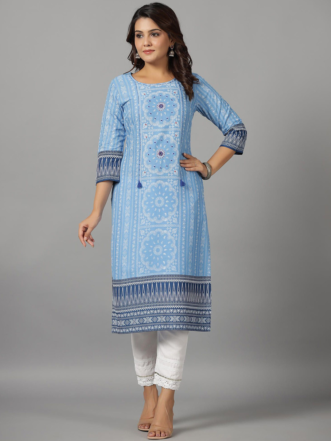 Juniper Ethnic Motifs Printed Round Neck Beads Work Straight Kurta
