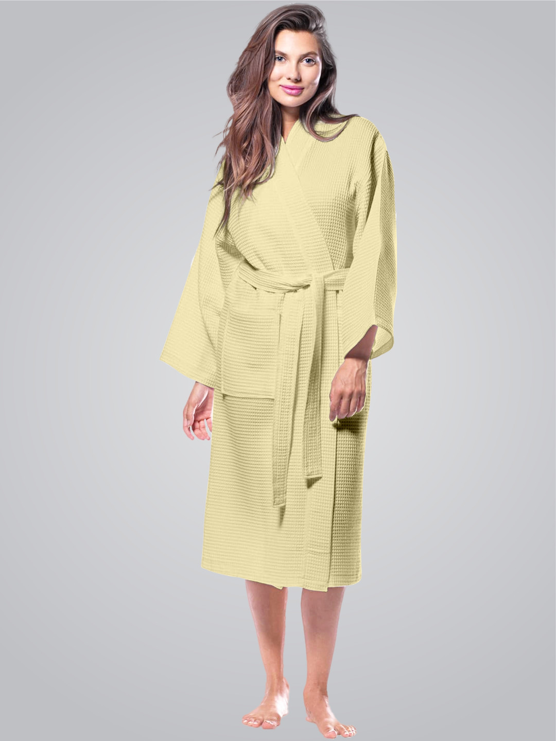 Enchant Home Yellow Self Design Cotton Drawstring Midi Bath Robe
