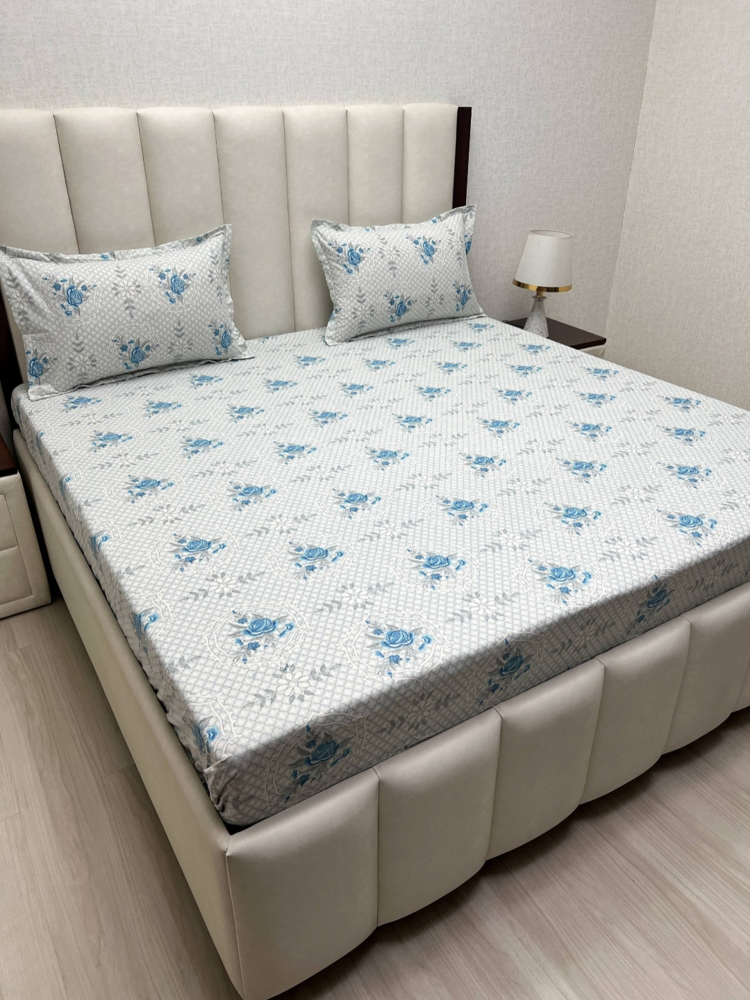 Pure Decor Blue Floral Cotton 180 TC Fitted King Fine Bedsheet with 2 Pillow Covers-182.88 x 193.04 x 30.48 cm