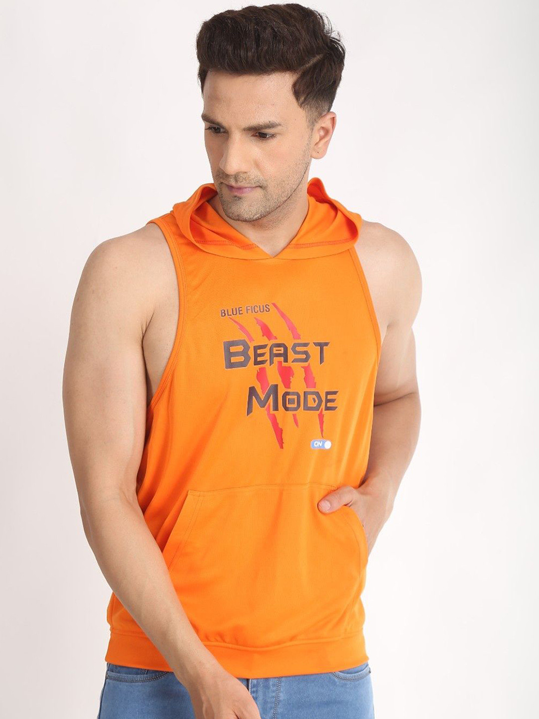 BLUEFICUS Printed Pure Cotton Vest A_301-Gym Hooded Vest-Orange-M