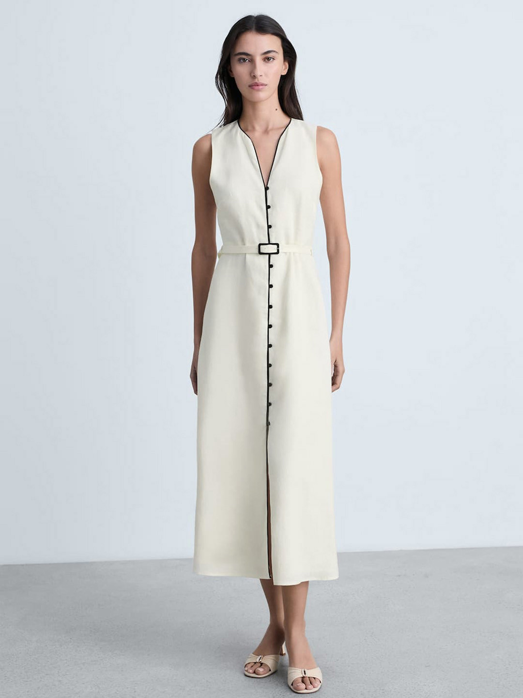 MANGO Contrast Binding Pure Linen A-Line Midi Dress