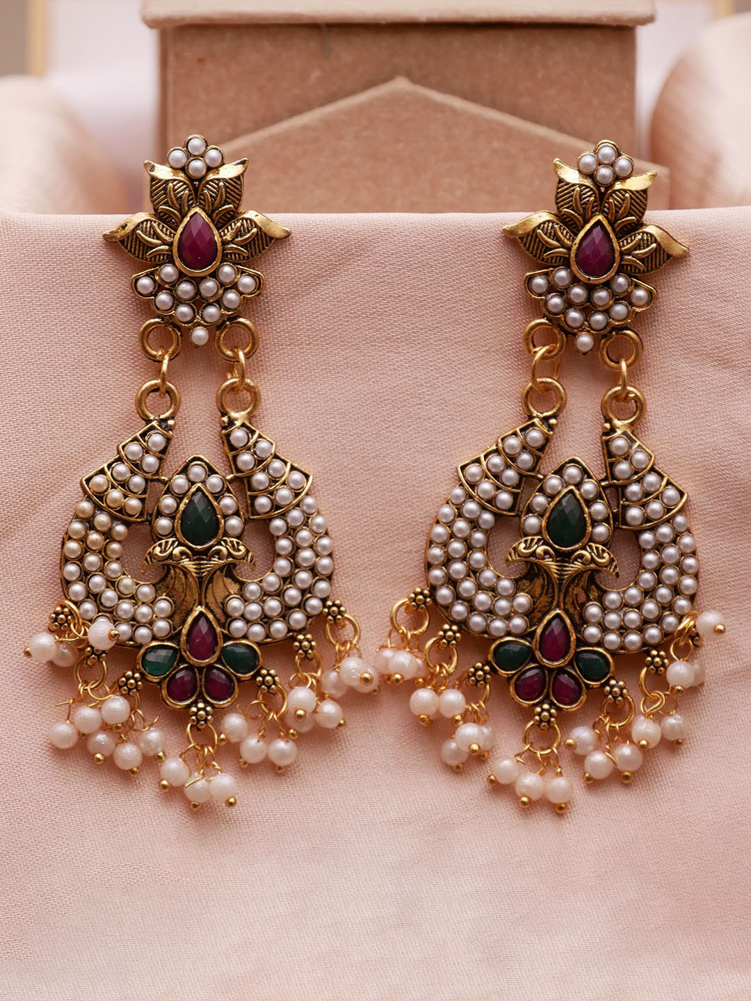 Anouk Gold Plated Artificial Stone sStudded And Beaded Contemporary Drop Earrings
