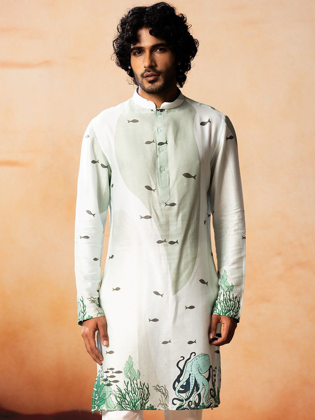 HILO DESIGN Oceanic Serenity Printed Mandarin Collar Pure Cotton Straight Kurta