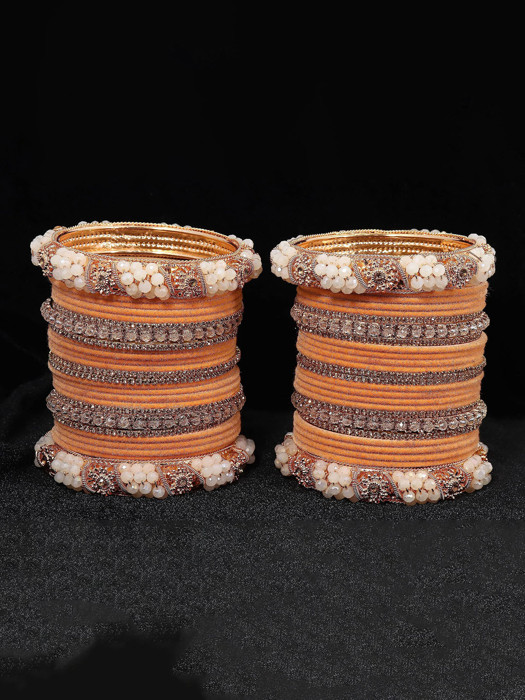 ZULKA Set Of 52 Cubic Zirconia Studded & Pearls Beaded Velvet Bangles With Nail Polish