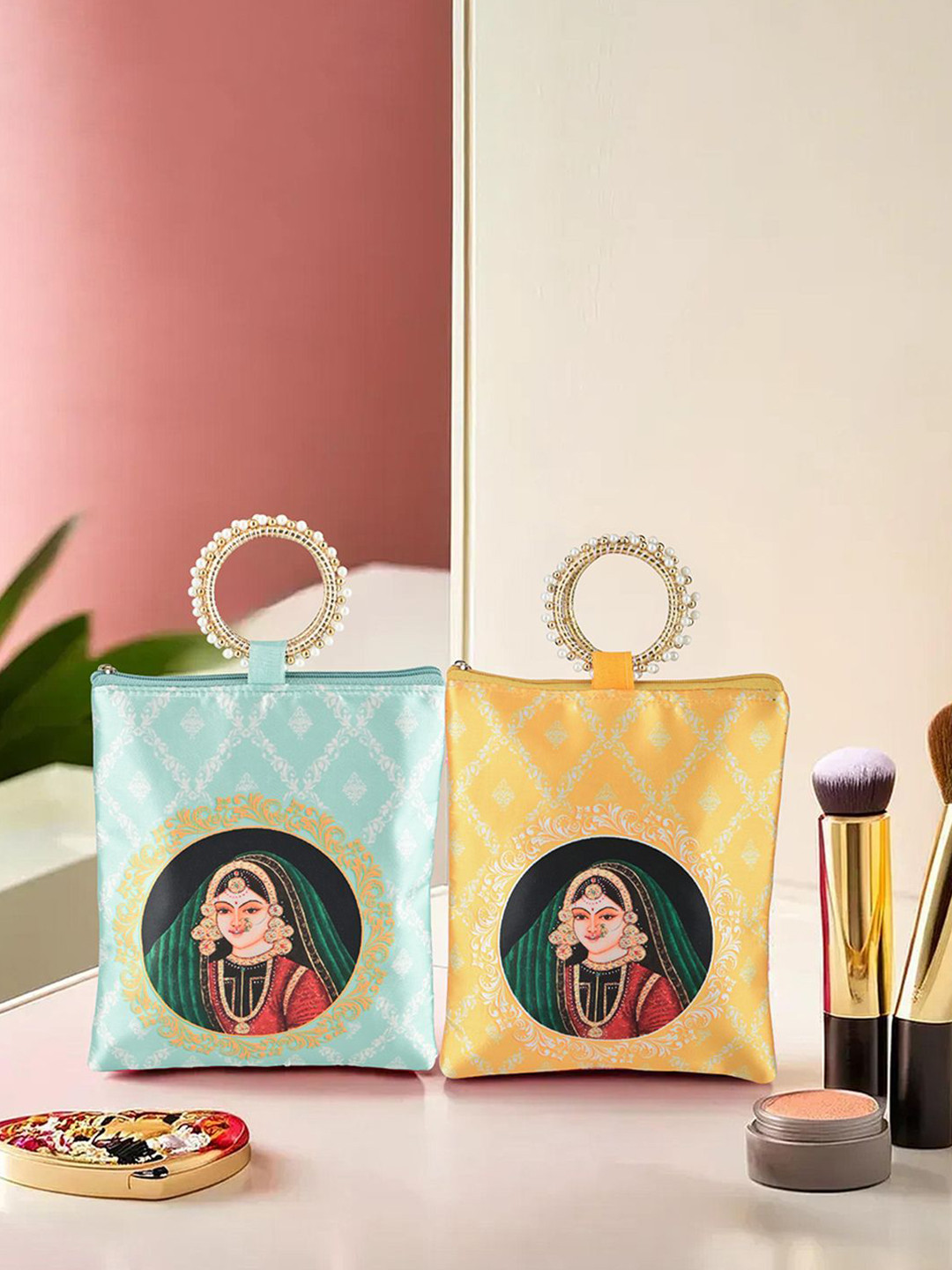 Kuber Industries 2 Pcs Silk Hand Bags for Women Printed Structured Sling Bag with Applique