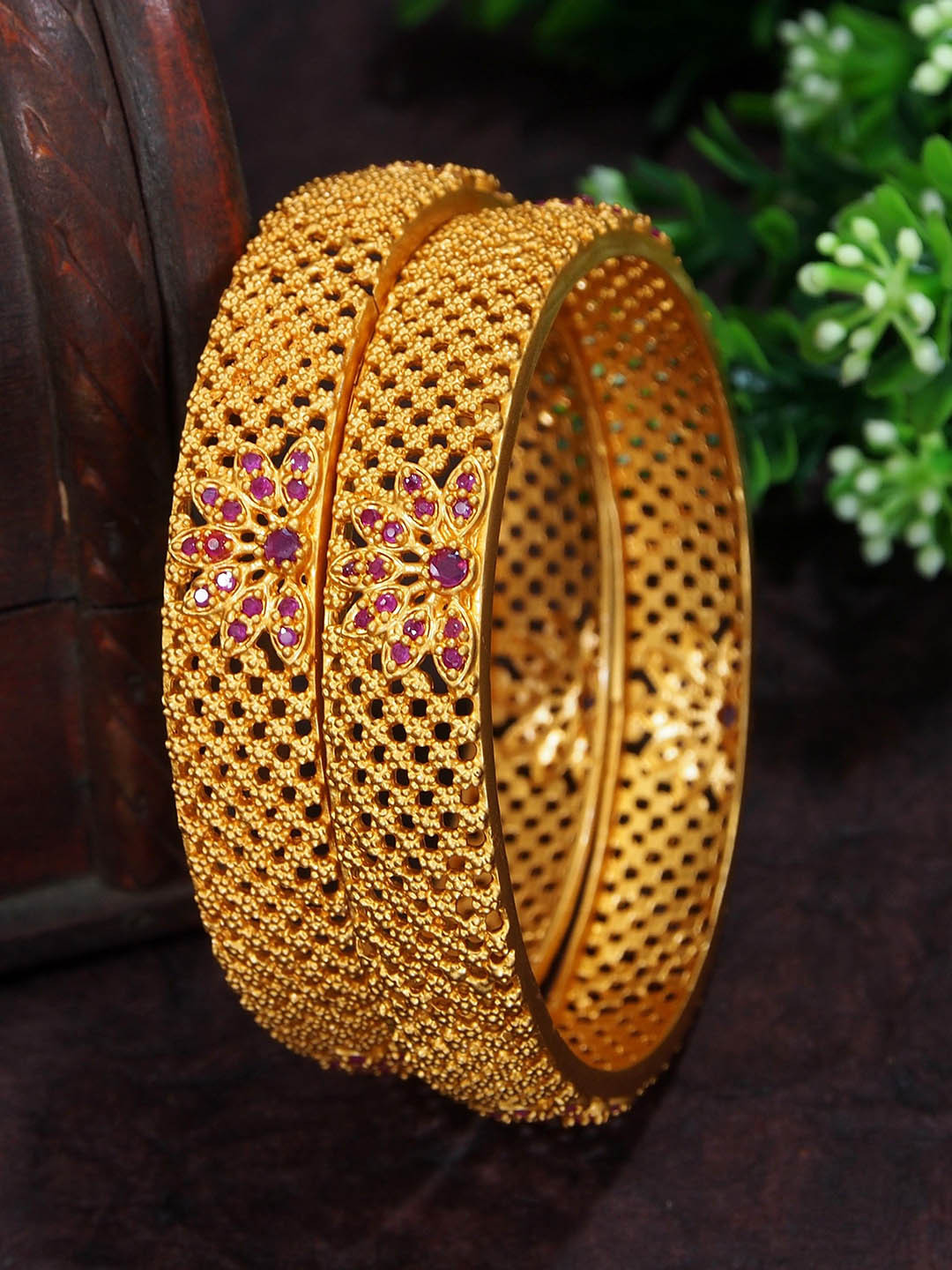 House of Pataudi Set Of 2 Gold-Plated American Diamond Studded Matte Bangle
