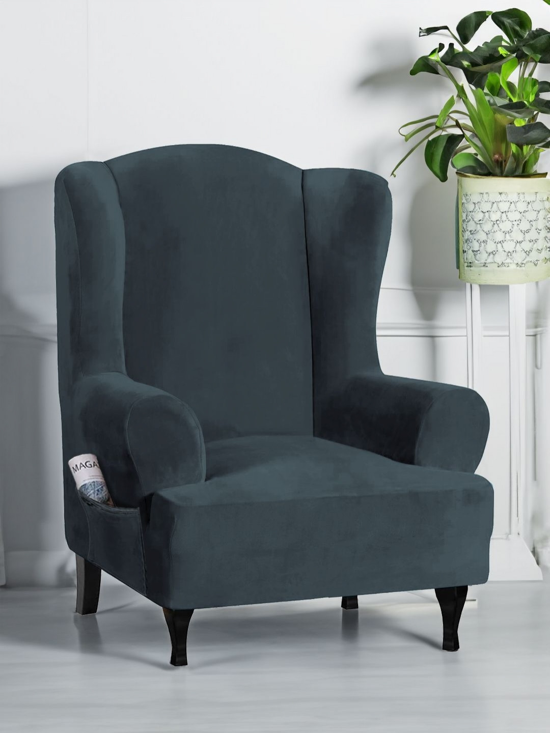 Myntra Elegant Homes Grey Velvet Stretchable Wing Chair Cover With Arms
