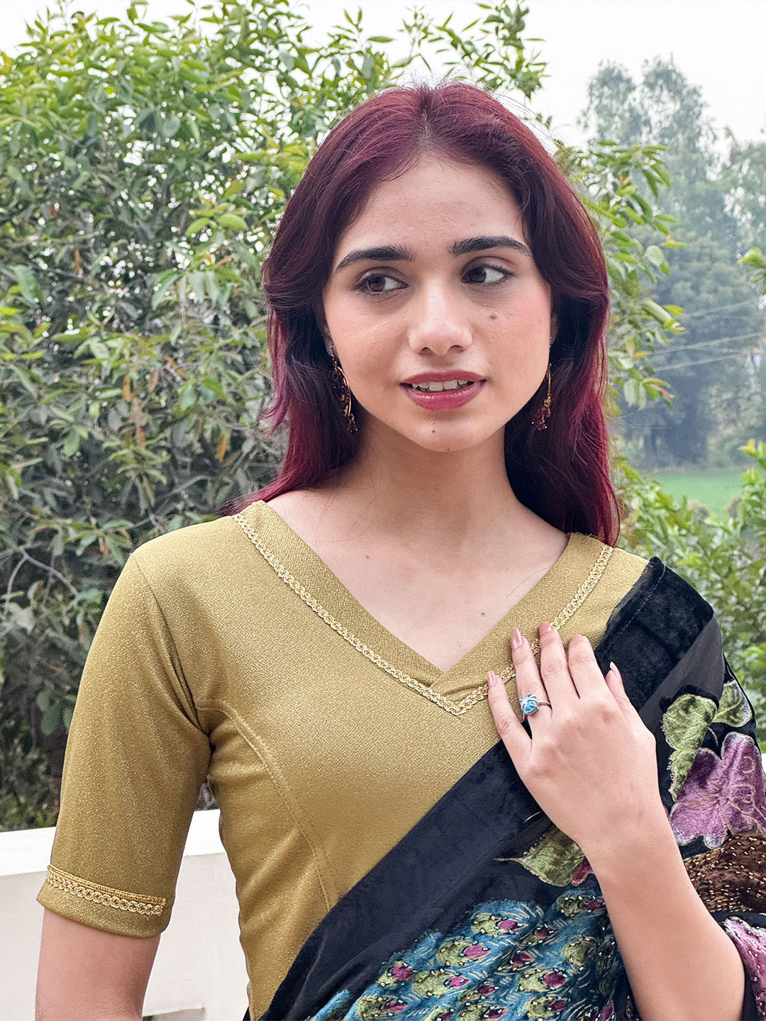 Bindigasm's Advi Nohreen Shimmering Solid V Neck Gold Lace Stretchable Slip On Blouse