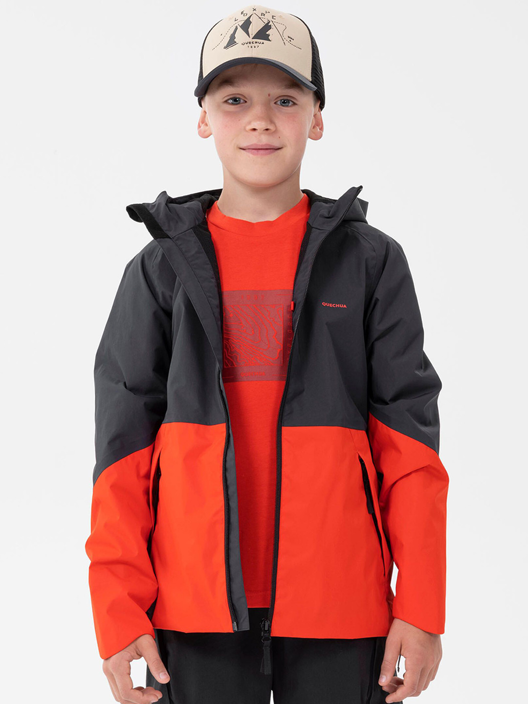 Decathlon QUECHUA Kids Red Waterproof Rain Jacket