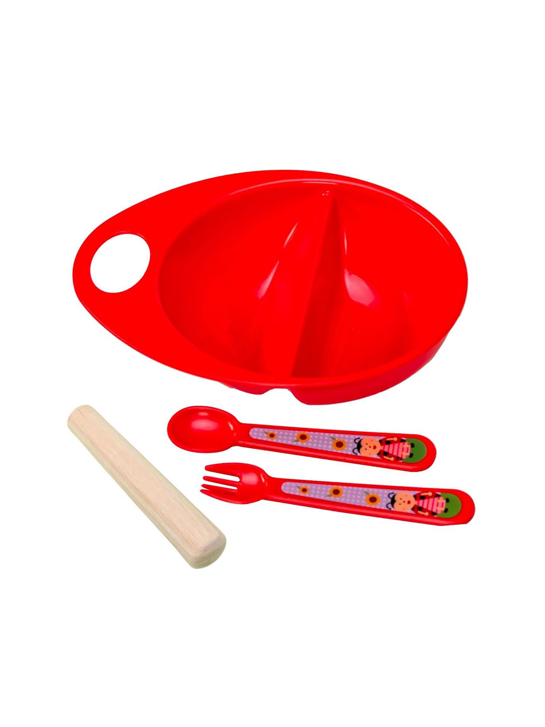Adore Red Kids Red Baby Feeding Bowl with Spoon, Fork & Wooden Masher Utensils