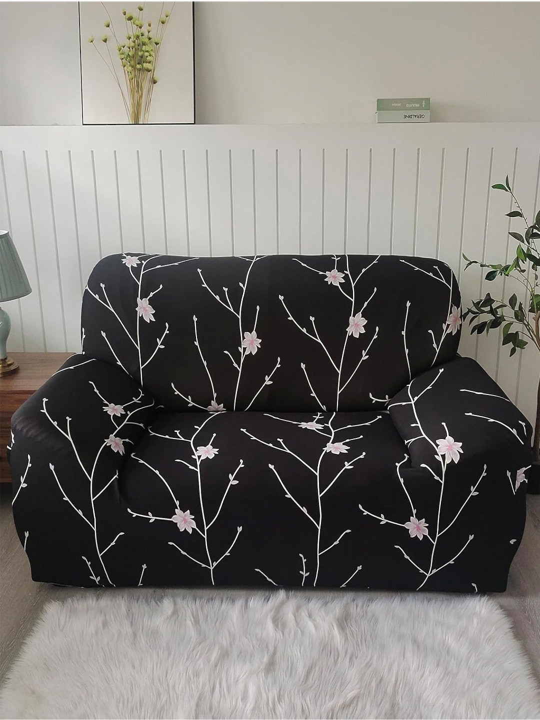 HOUSE OF QUIRK Three Seater Black & White Solid Polyester Sofa Cover With Arms