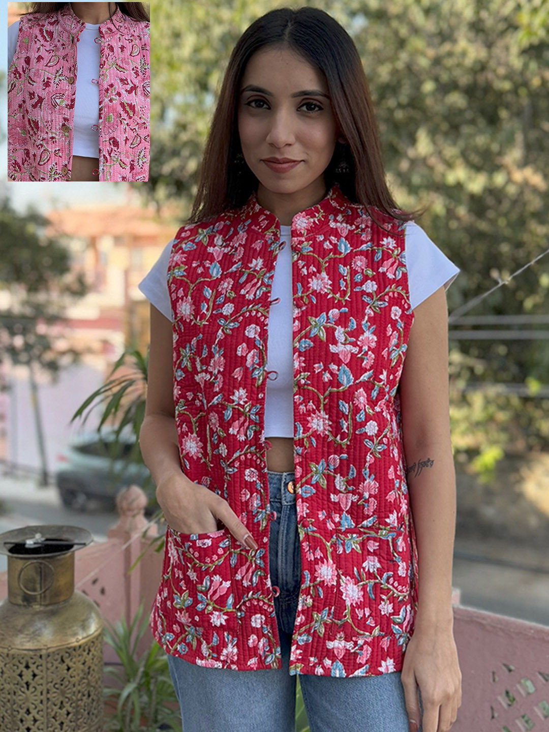 GOODHAND Women Floral Reversible Quilted Jacket with Patchwork