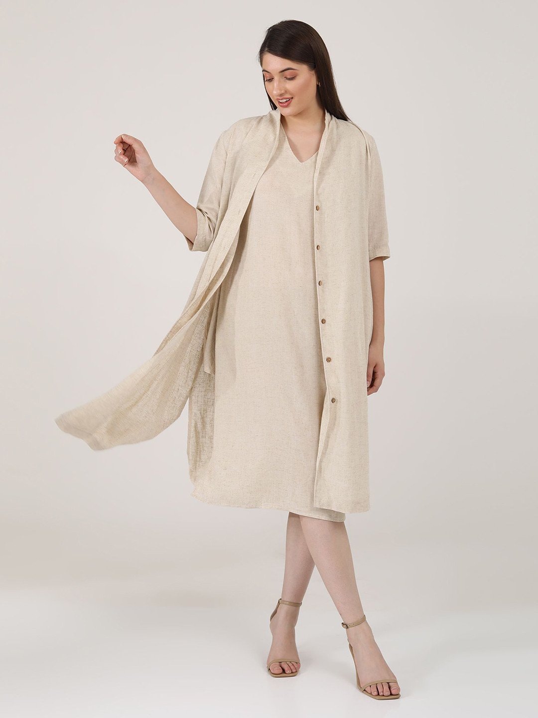 Saltpetre women Beige drapery long shirt with V-neck dress set