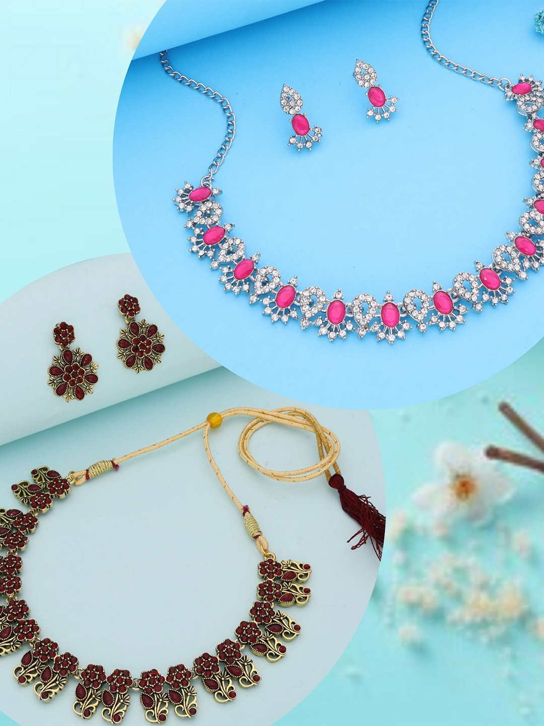 DIVASTRI Set Of 2 Gold-Plated Artificial Stones Studded Jewellery Sets