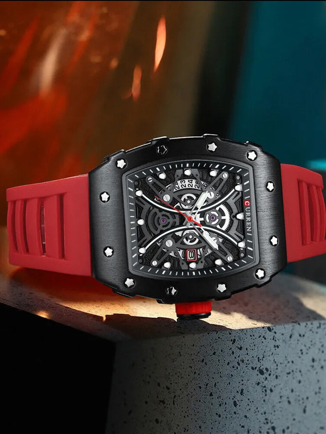 Curren Men Brass Dial & Leather Bracelet Style Straps Analogue Watch CR-8438-Black Red