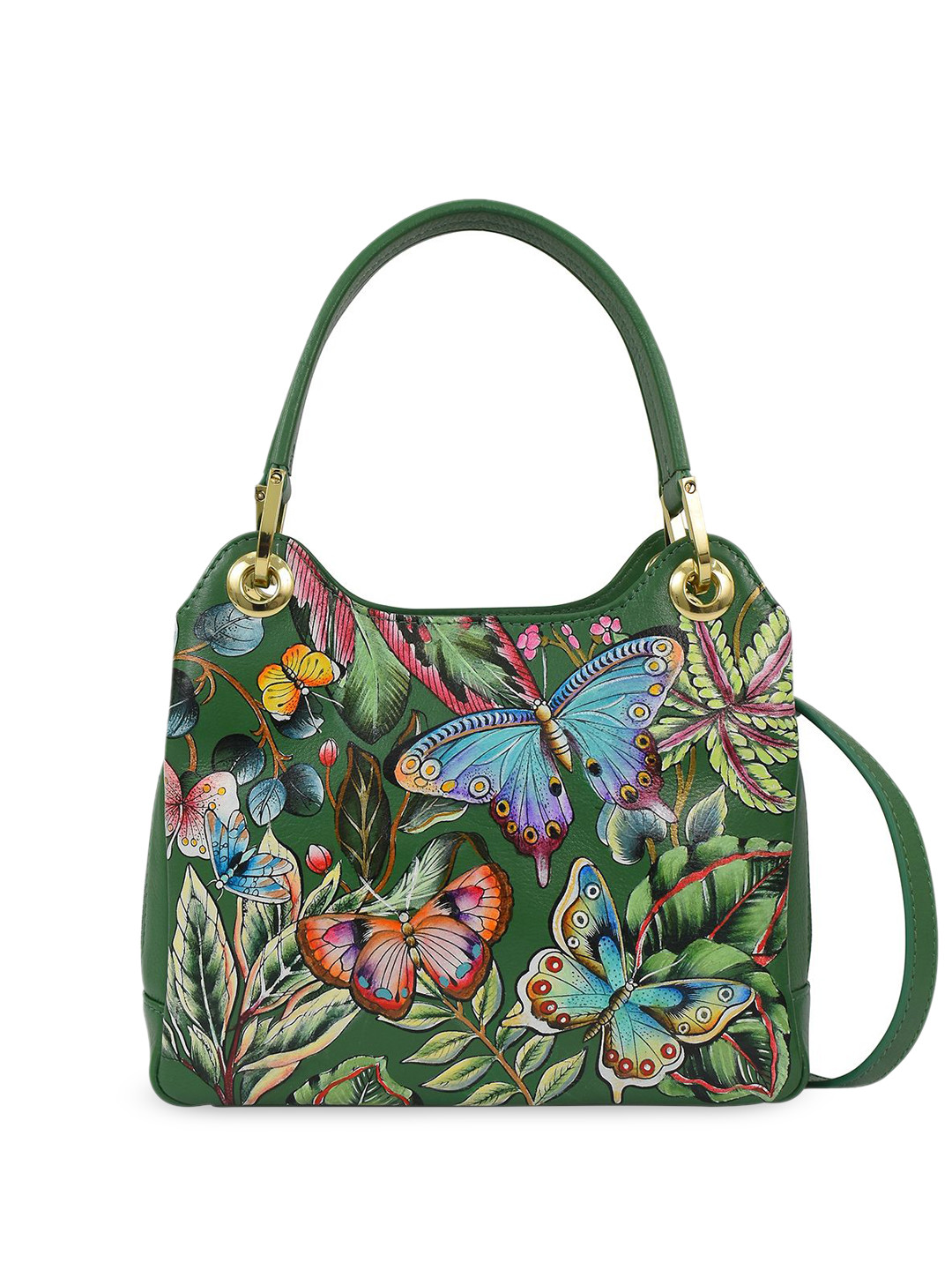 Anuschka Women Dancing Leaves Handpainted Leather Satchel With Crossbody Strap