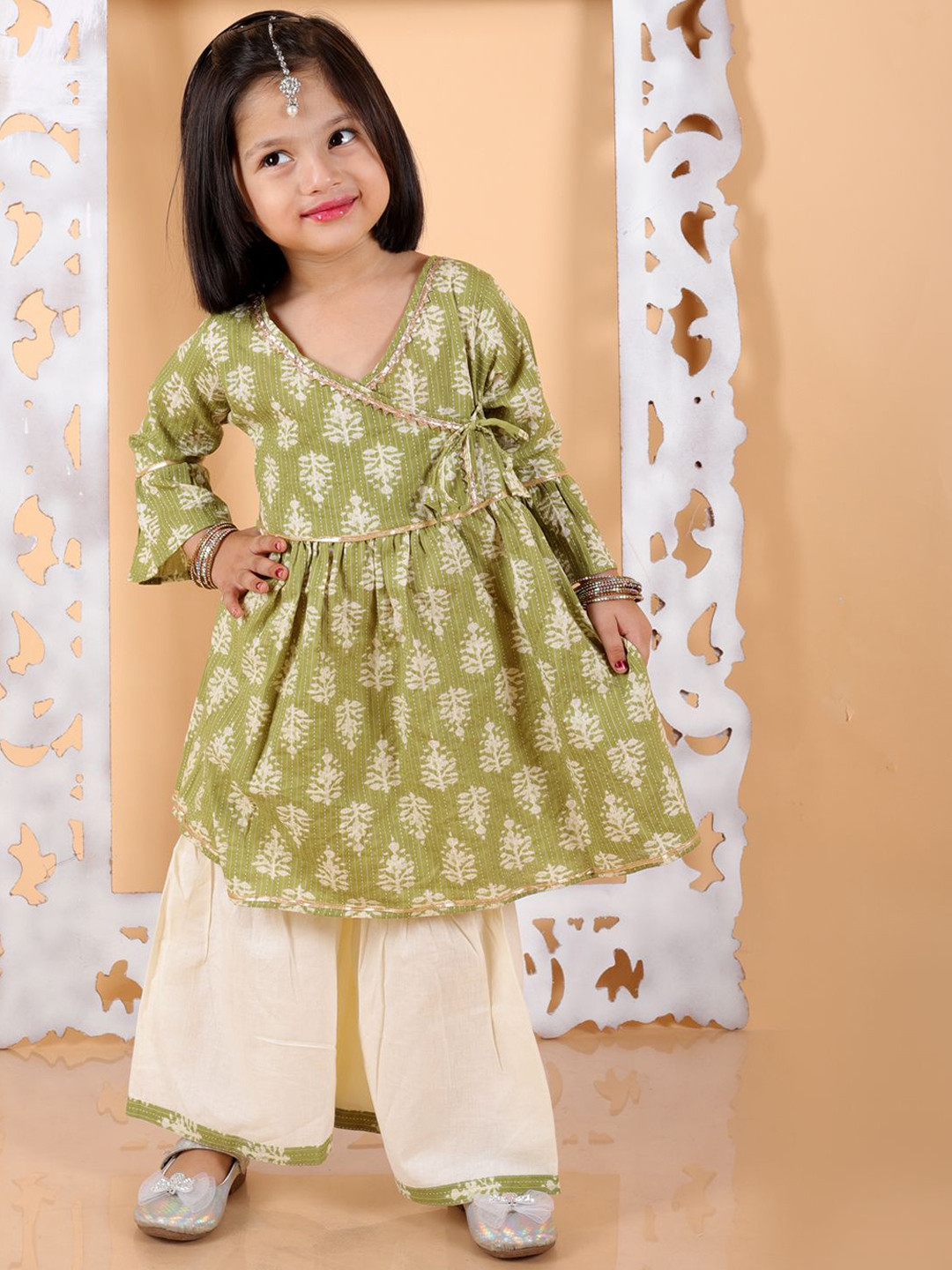 MoMaa Girls Floral Printed Angrakha Gotta Patti Pure Cotton Kurti with Sharara