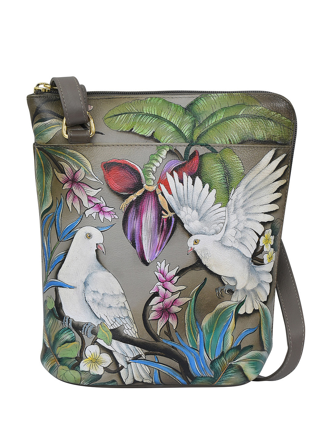 Anuschka Hand Painted Wings of Peace Leather Organizer Crossbody With Extended Side Zipper
