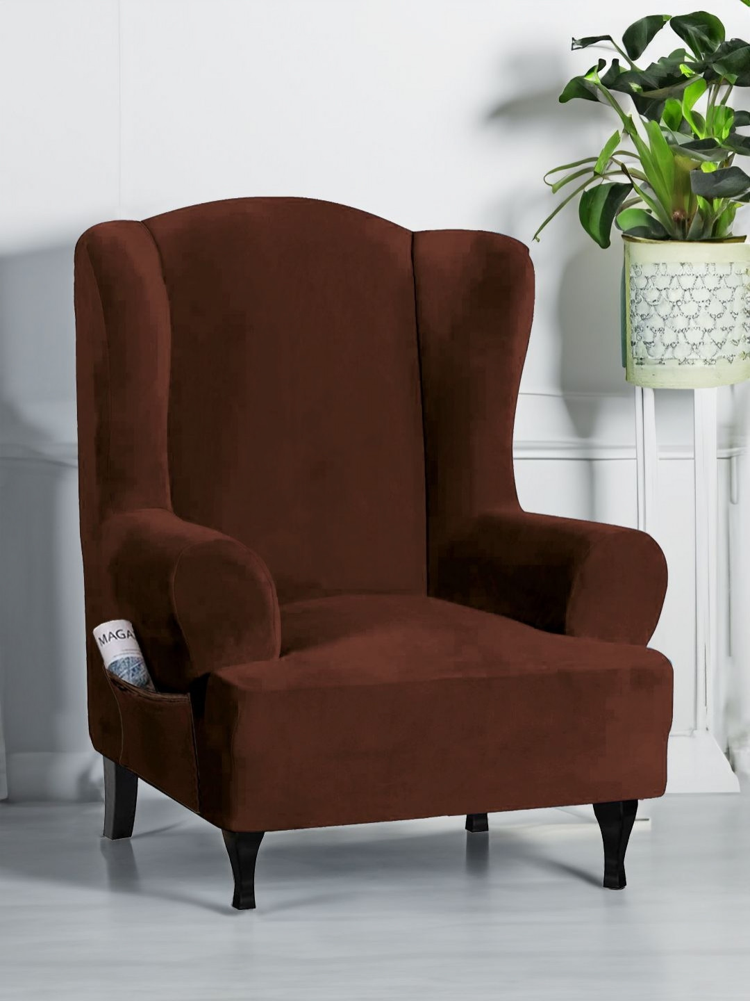 Myntra Elegant Homes Brown Velvet Stretchable Wingchair Cover With Arms