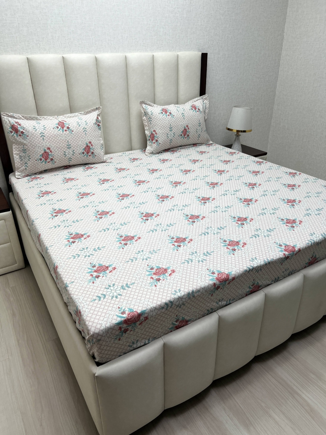 Pure Decor Ruby Pink Floral Cotton 180 TC Fitted King Fine Bedsheet with 2 Pillow Covers-182.88 x 193.04 x 30.48 cm