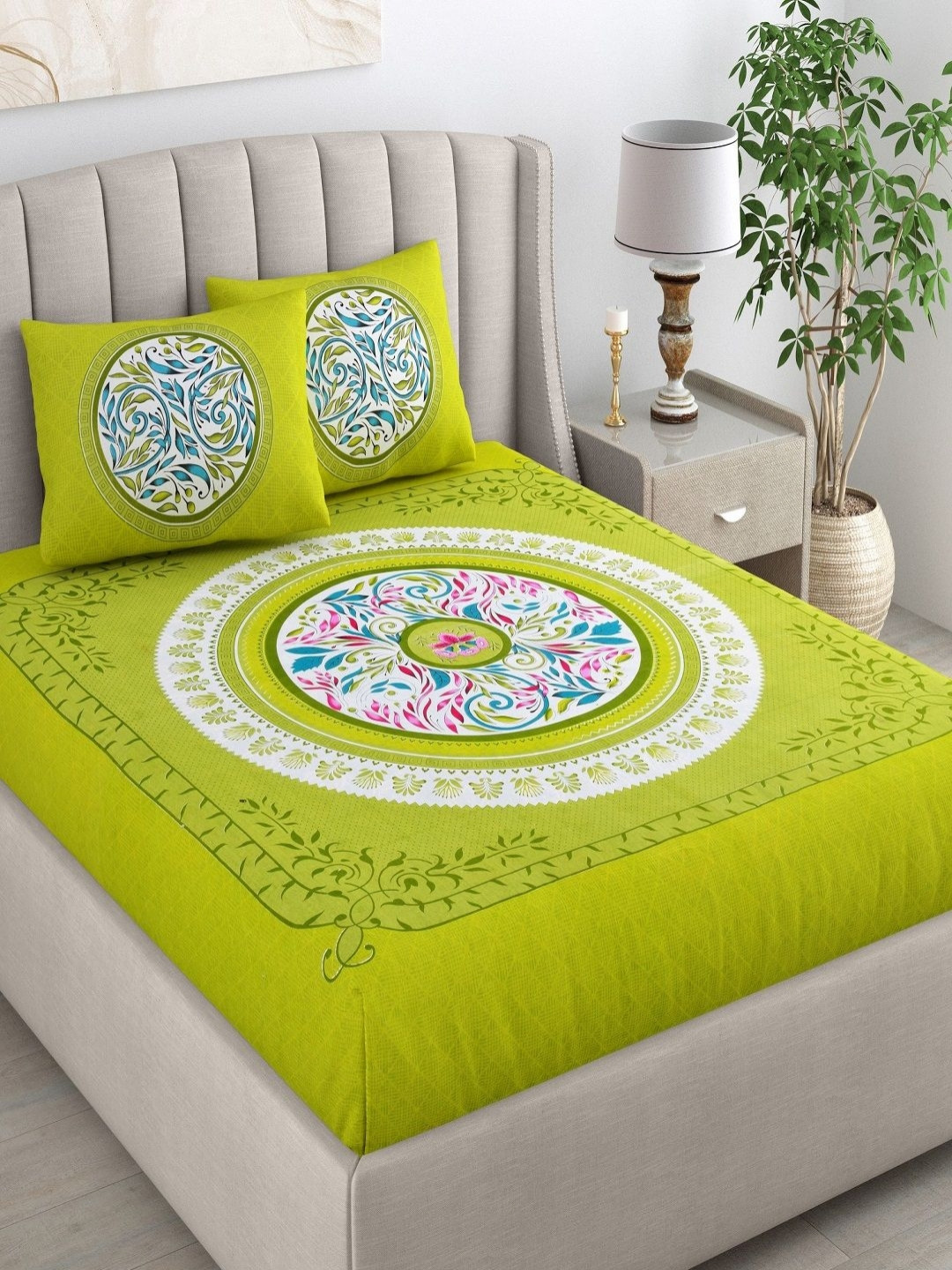 CHICERY Jaipuri Green Floral Cotton 210 TC King Fine Bedsheet with 2 Pillow Covers-228.6 x 274.32 cm
