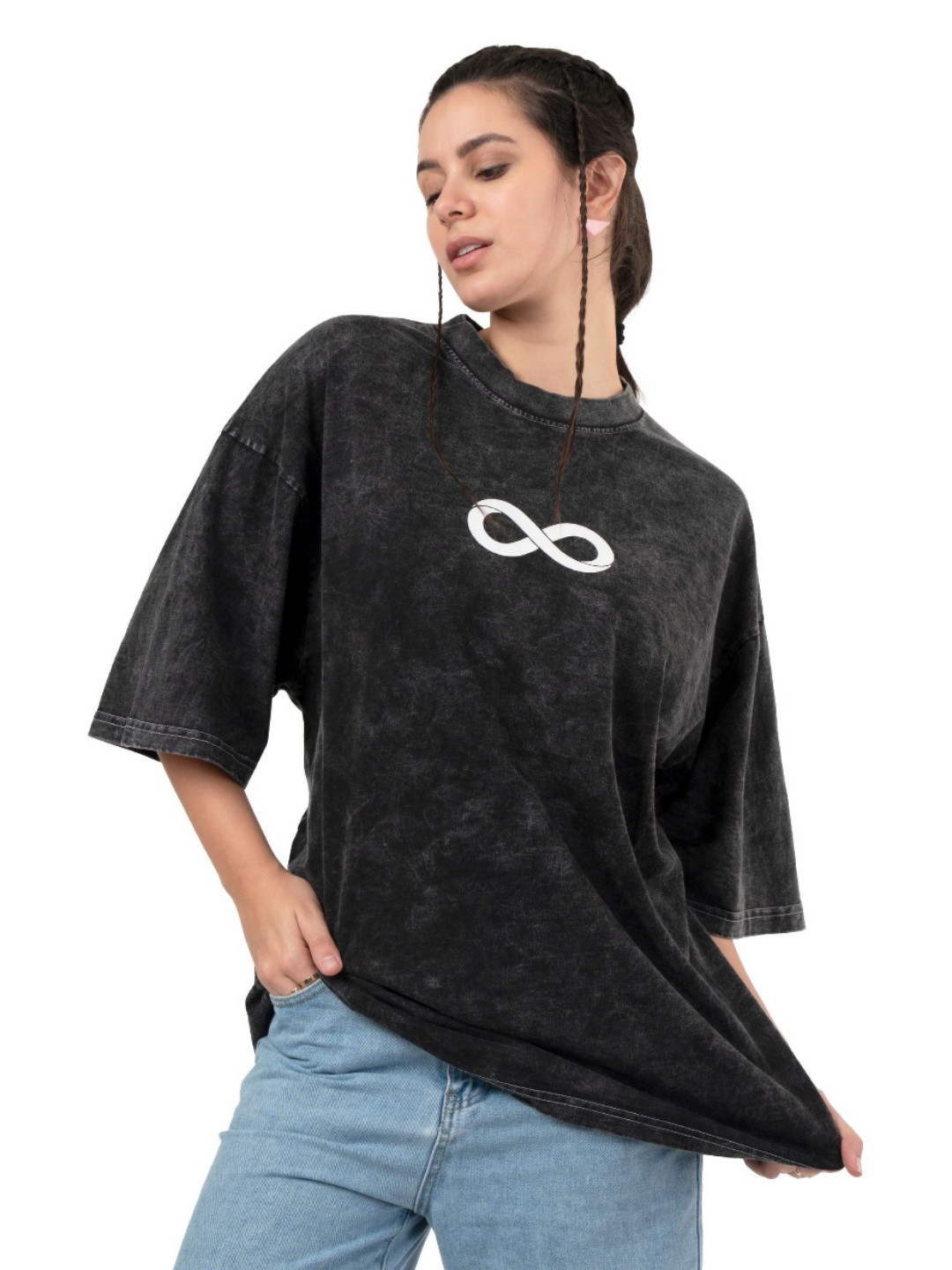 RHINO CULT Women Printed Drop-Shoulder Sleeves Applique T-shirt