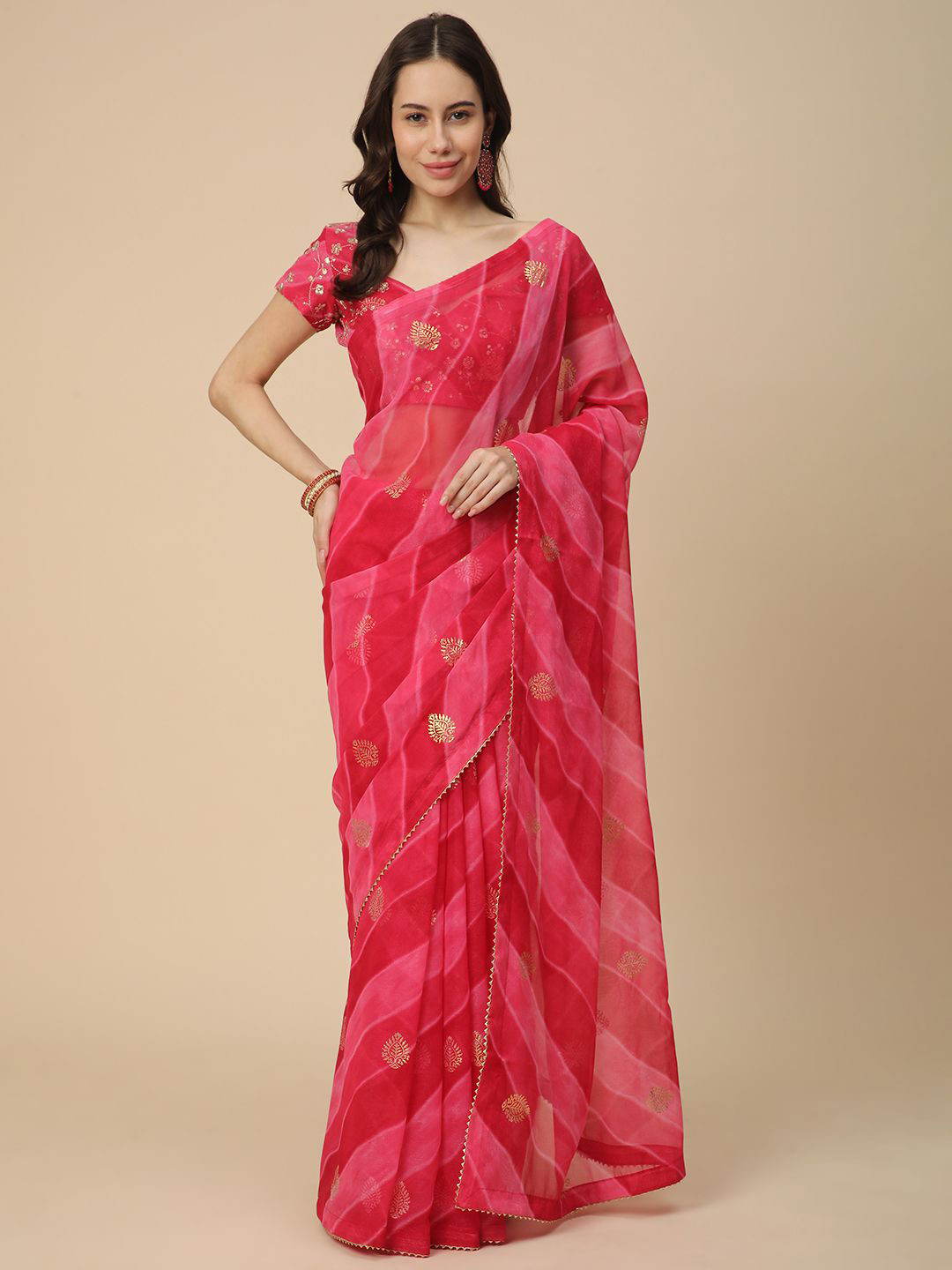 RATAN Women Shimmer Georgette Leheriya Printed Saree With Embroidered Blouse Piece